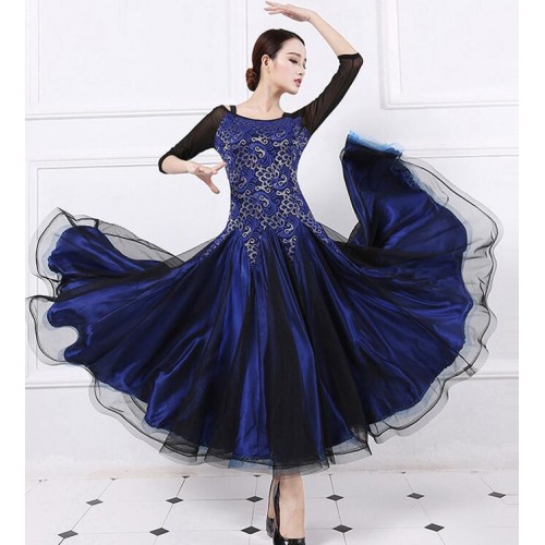 Wine royal blue lace long sleeves Ballroom Competition Dress For Women Tango Flamenco Waltz Dancing Skirt Adult  Ballroom Dance Dresses